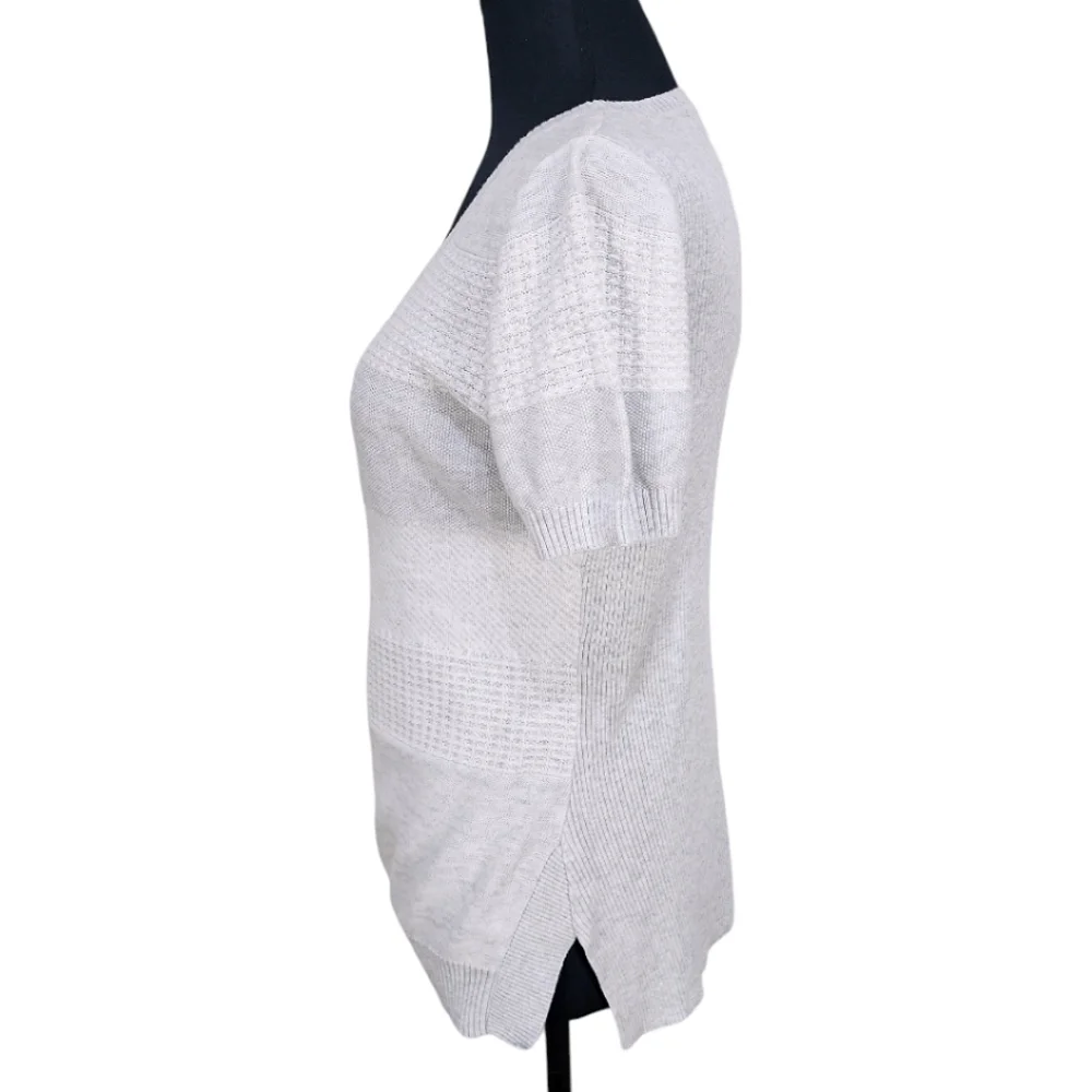 OST Cotton Pointelle Knit Gray White Short Sleeve Split Hem Light Boho Sweater